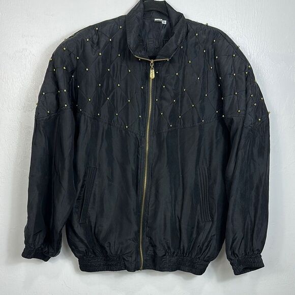 Fuda International Vintage Silk Black Studded Quilted Bomber Jacket Size XL - Picture 1 of 8